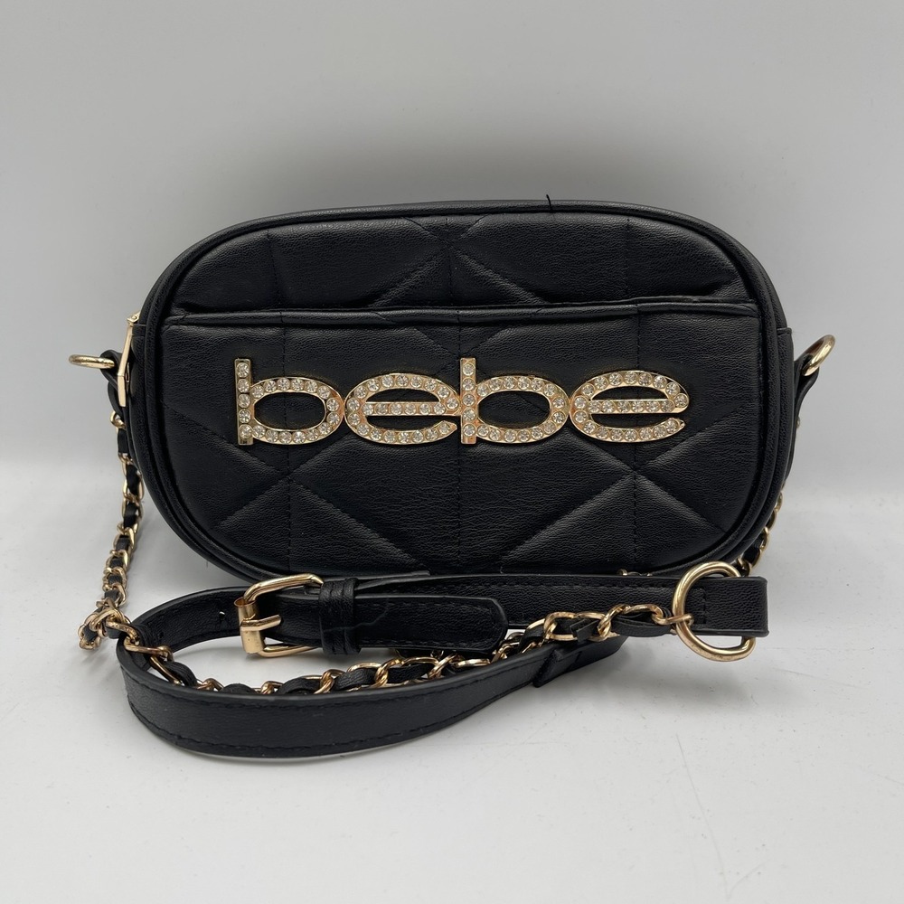 Bebe Los Angeles Zaza Womens Handbag Black Quilted Rhinestones Crossbody Bag
